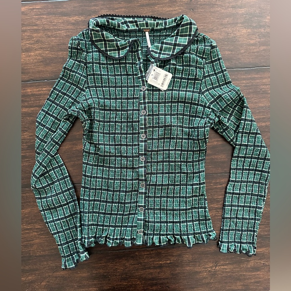 Free People Green Plaid Button Down Shirt